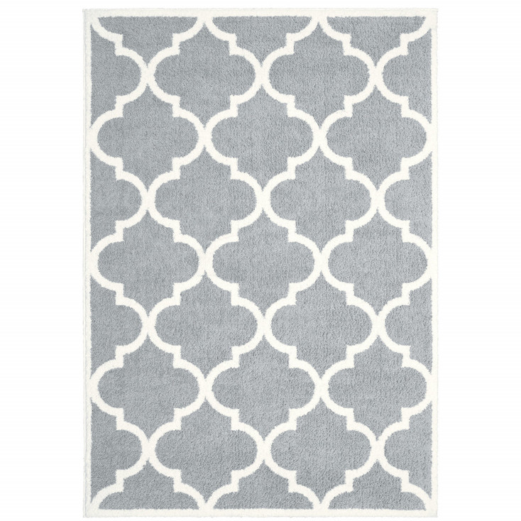 5' x 8' Grey and Ivory Geometric Shag Power Loom Stain Resistant Area Rug