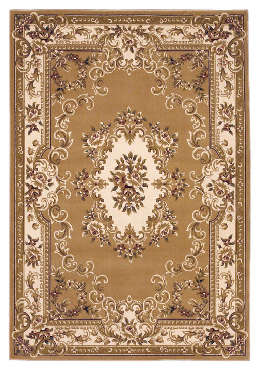 5' x 8' Beige Ivory Machine Woven Hand Carved Floral Medallion Indoor Area Rug