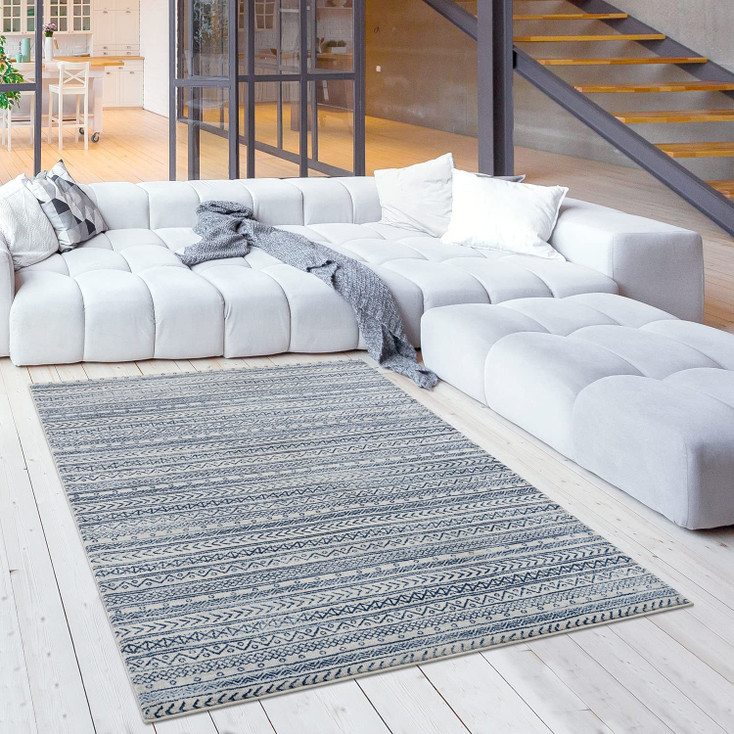 5' x 8' Navy Blue Decorative Stripes Area Rug