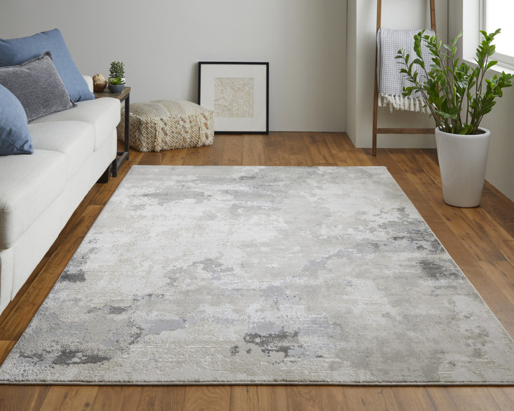 5' x 8' Ivory and Gray Abstract Stain Resistant Area Rug