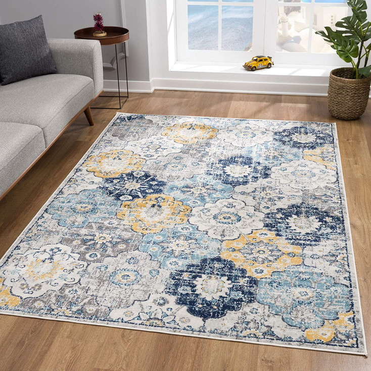 5' x 8' Blue Floral Dhurrie Area Rug
