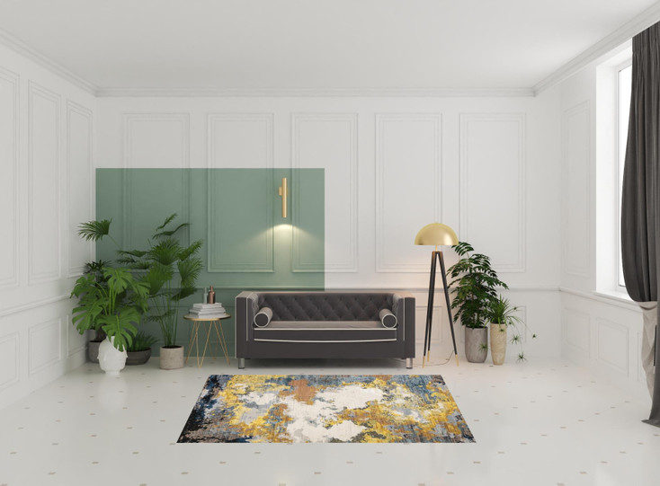 5' x 8' Yellow Gold Blue Grey Brown & Beige Abstract Power Loom Stain Resistant Area Rug