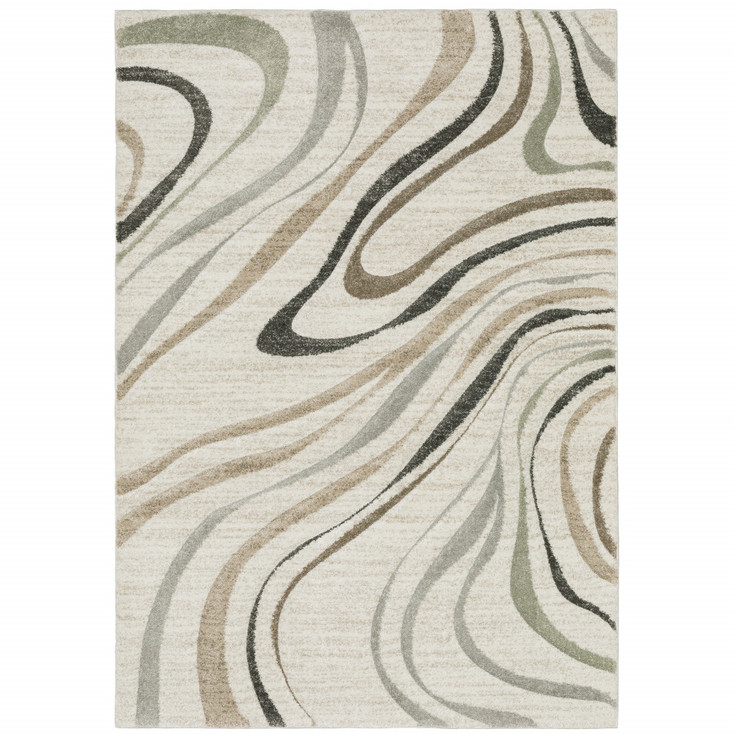 5' x 8' Beige Grey Brown Sage Pale Blue Tan and Charcoal Abstract Power Loom Area Rug