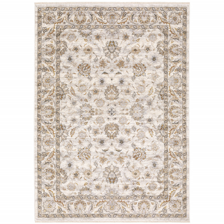 5' x 8' Ivory & Grey Oriental Power Loom Stain Resistant Area Rug with Fringe
