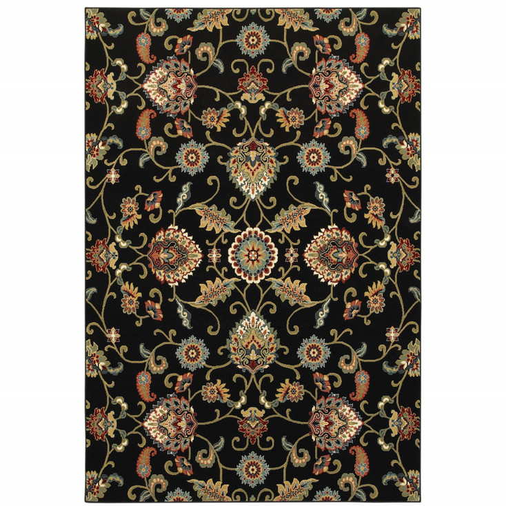 6' x 9' Black Red Green Ivory Salmon & Yellow Floral Power Loom Stain Resistant Area Rug