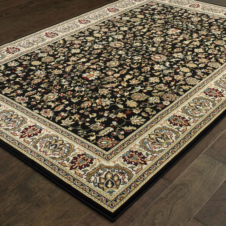 6' x 9' Black and Ivory Oriental Power Loom Stain Resistant Area Rug
