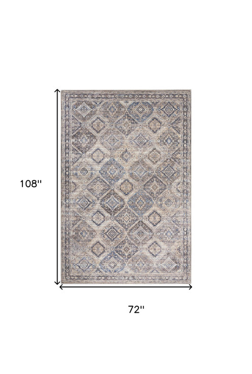 6' x 9' Ivory and Latte Medallion Distressed Washable Area Rug