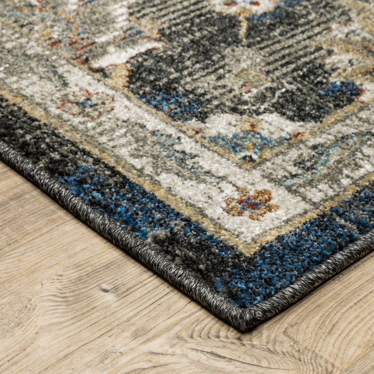 6' x 9' Charcoal Blue Gold Rust and Beige Oriental Power Loom Stain Resistant Area Rug