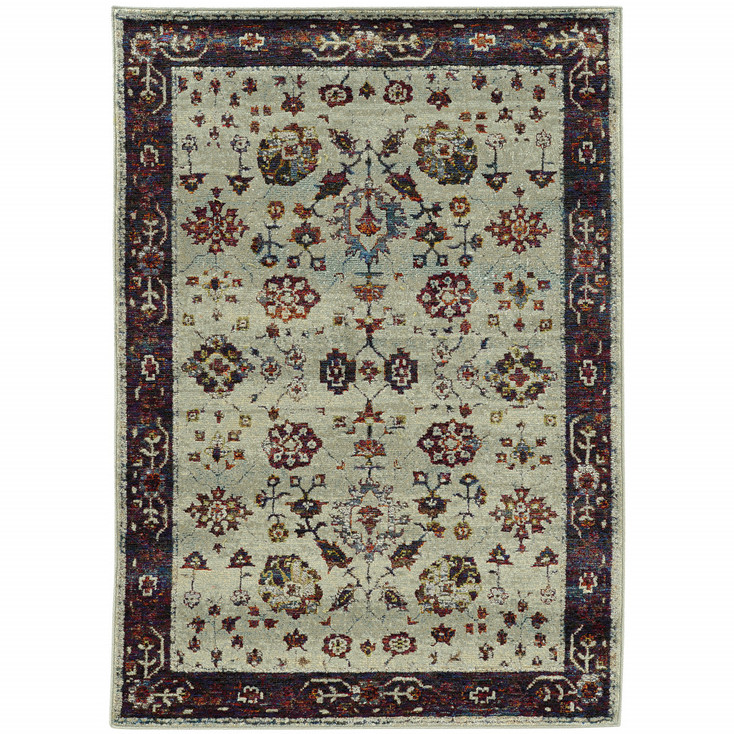 6' x 9' Stone and Red Oriental Power Loom Stain Resistant Area Rug