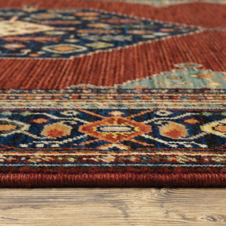 6' x 9' Blue and Red Oriental Power Loom Area Rug with Fringe
