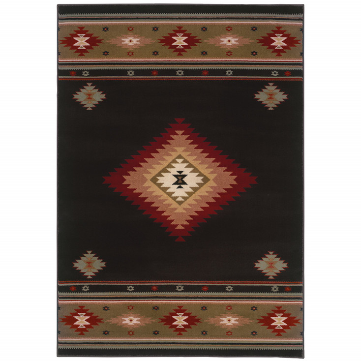 6' x 9' Black and Green Southwestern Power Loom Stain Resistant Area Rug