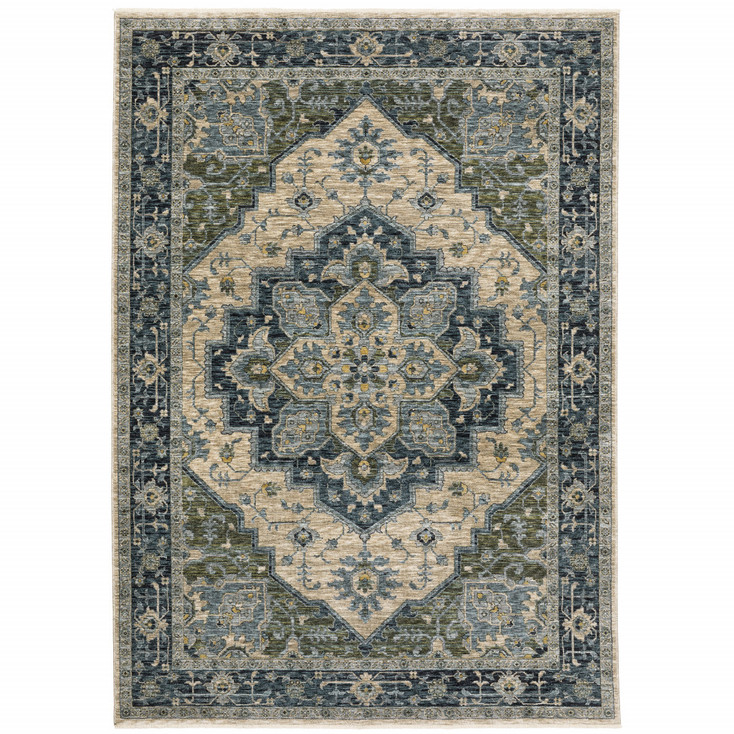 6' x 9' Blue Grey Beige Tan Green and Gold Oriental Power Loom Area Rug with Fringe