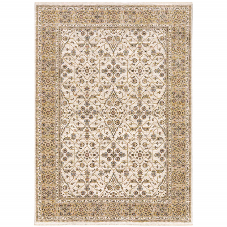 6' x 9' Ivory & Gold Oriental Power Loom Stain Resistant Area Rug with Fringe