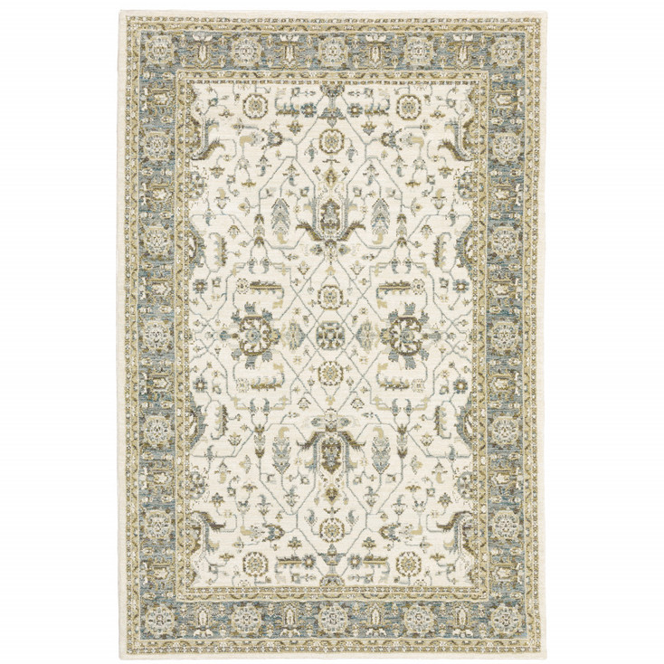 6' x 9' Ivory Grey and Blue Oriental Power Loom Stain Resistant Area Rug