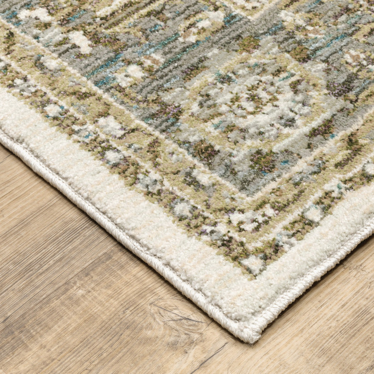 6' x 9' Ivory Grey and Blue Oriental Power Loom Stain Resistant Area Rug