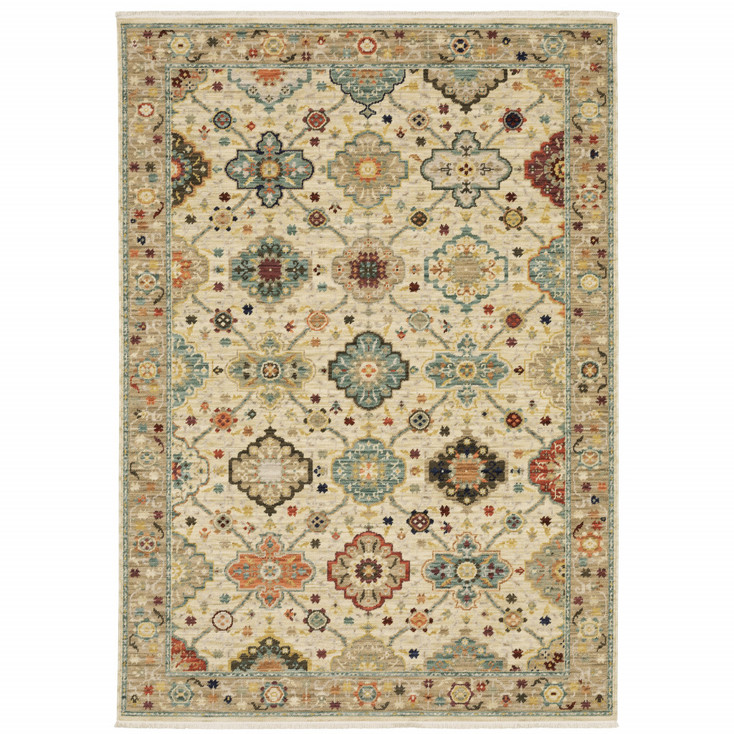 6' x 9' Beige Pale Blue Rust Gold Tan Brown and Orange Oriental Power Loom Area Rug