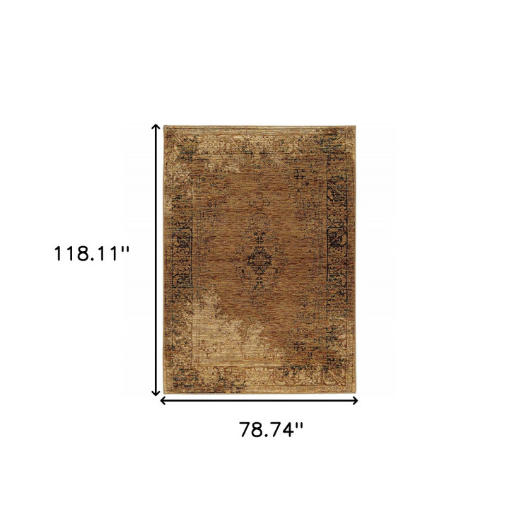 6' x 9' Gold and Brown Oriental Power Loom Stain Resistant Area Rug