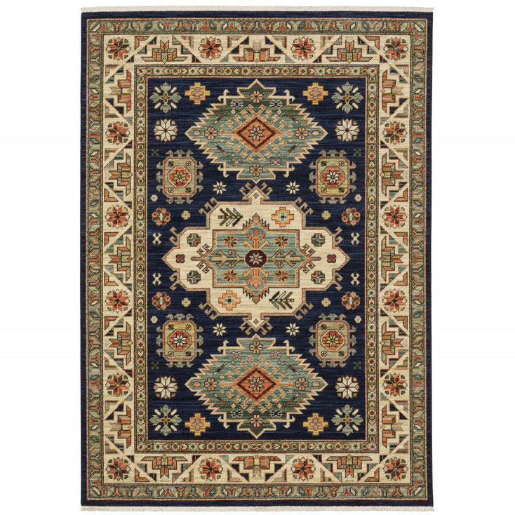 6' x 9' Navy Charcoal Orange Rust Gold Pale Blue Olive Beige & Salmon Oriental Power Loom Rug