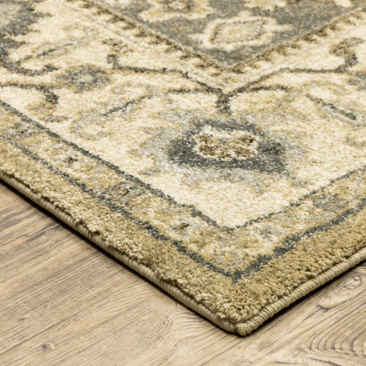 6' x 9' Beige Grey Tan and Charcoal Oriental Power Loom Stain Resistant Area Rug