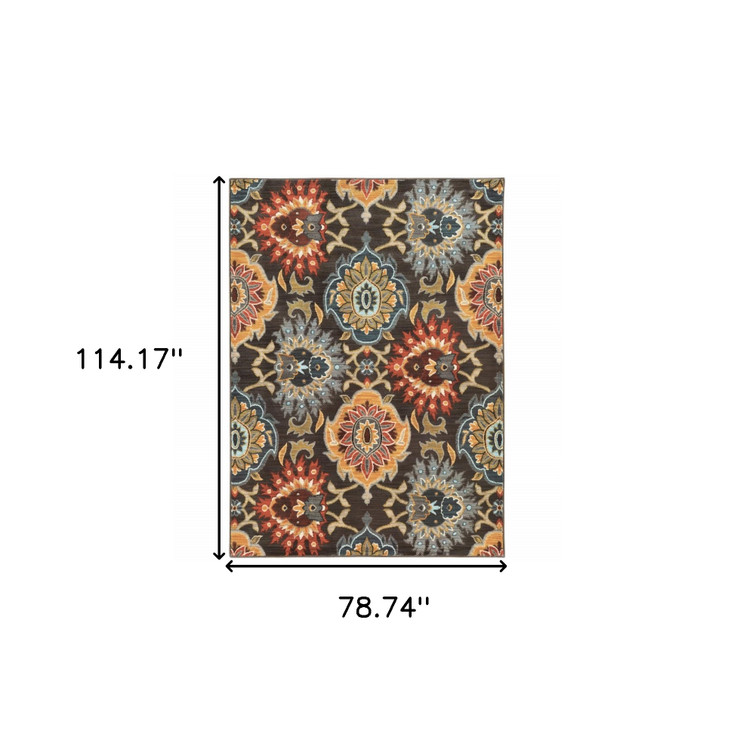 6' x 9' Brown Grey Rust Red Gold Teal and Blue Green Floral Power Loom Area Rug
