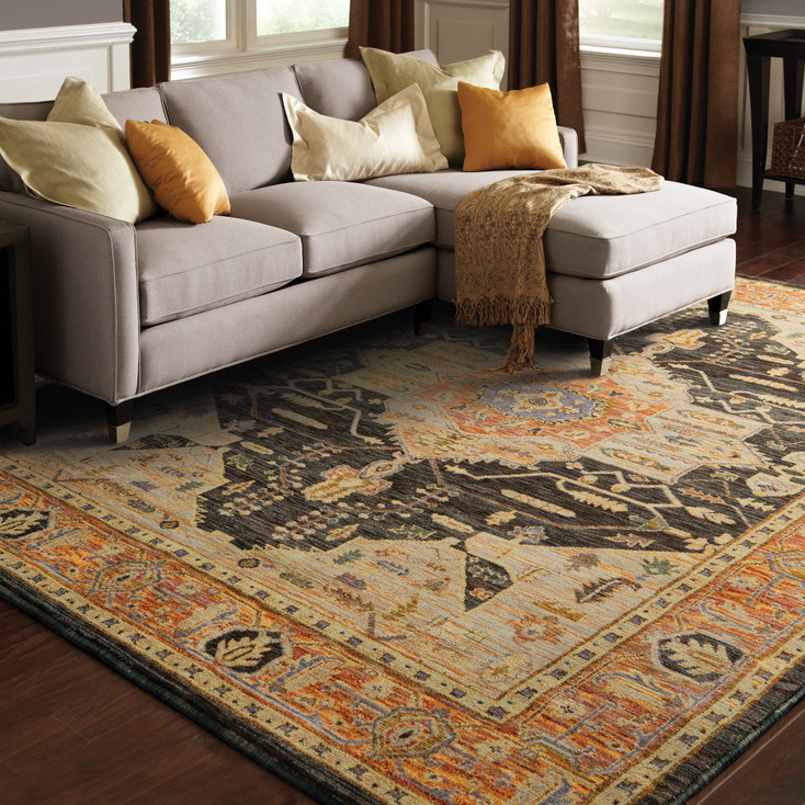 6' x 9' Gold Brown Grey Rust Green & Purple Oriental Power Loom Stain Resistant Area Rug