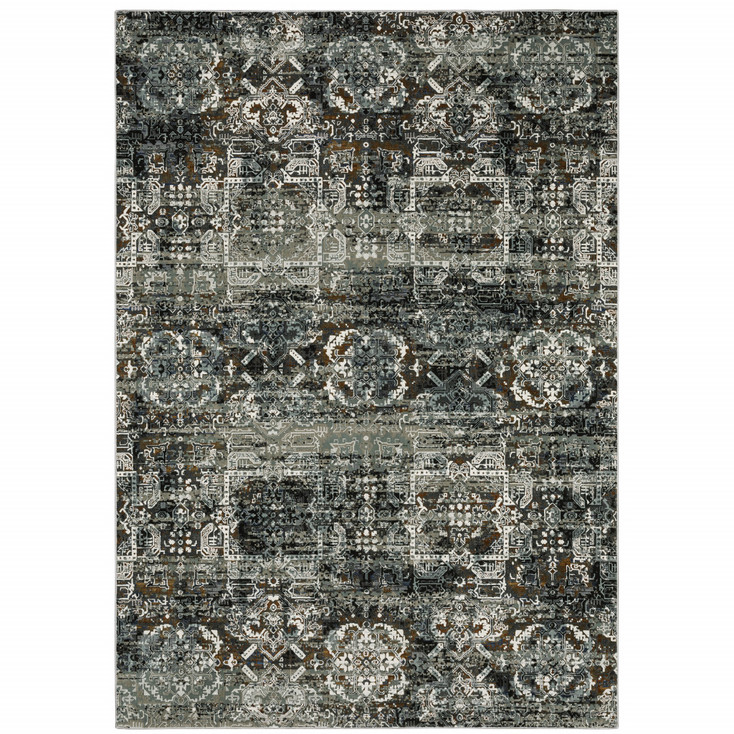 6' x 9' Ivory Charcoal Grey Blue Rust Gold & Brown Oriental Power Loom Area Rug