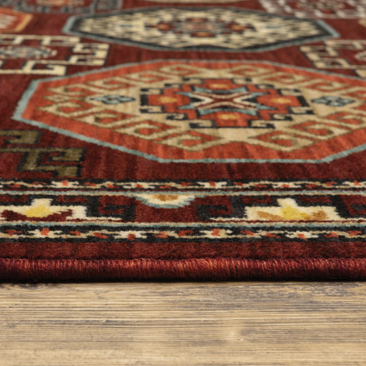 6' x 9' Red Blue Brown and Beige Oriental Power Loom Stain Resistant Area Rug with Fringe