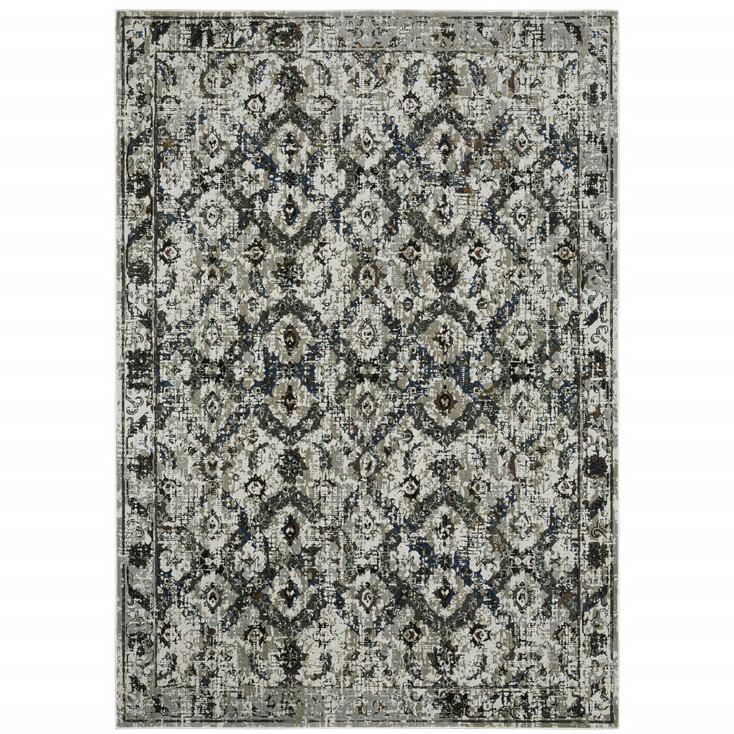 6' x 9' Ivory Charcoal Grey Blue Rust Gold and Brown Oriental Power Loom Area Rug