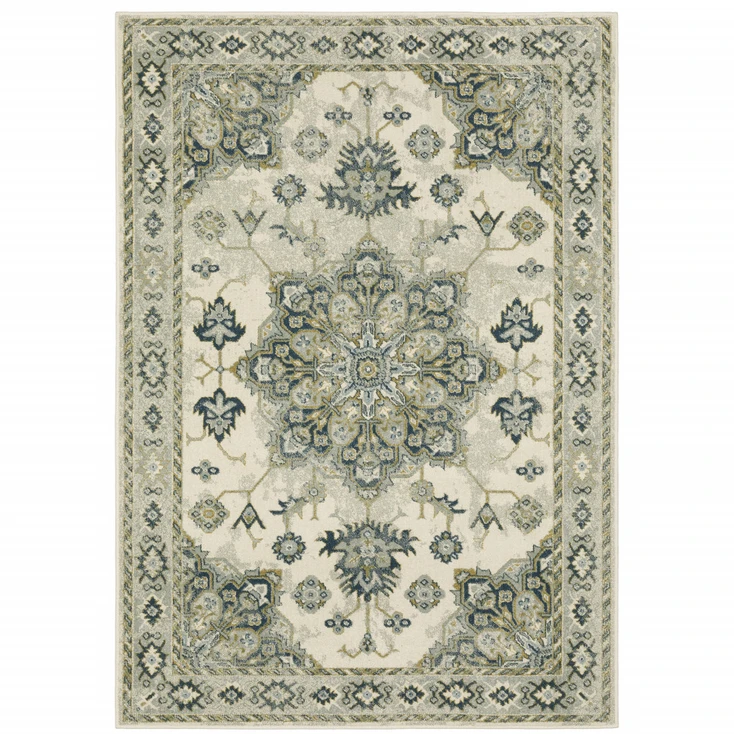 6' x 9' Ivory Blue Teal Grey and Olive Green Oriental Power Loom Stain Resistant Area Rug