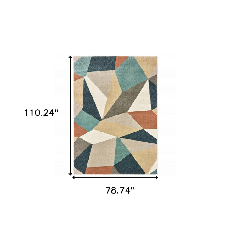 6' x 9' Blue Green Beige Retro Wedge Indoor Area Rug