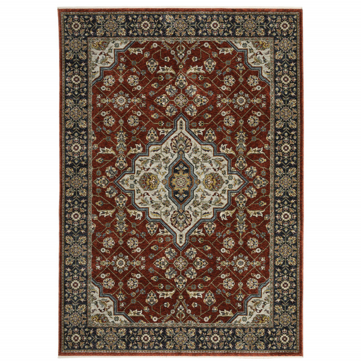 6' x 9' Red Ivory Blue Navy Gold and Grey Oriental Power Loom Area Rug with Fringe