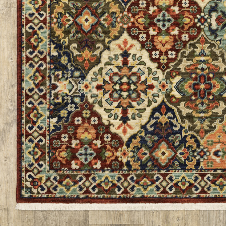 6' x 9' Red Rust Navy Light Blue Brown Orange Ivory and Gold Oriental Power Loom Area Rug