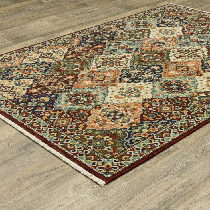 6' x 9' Red Rust Navy Light Blue Brown Orange Ivory and Gold Oriental Power Loom Area Rug