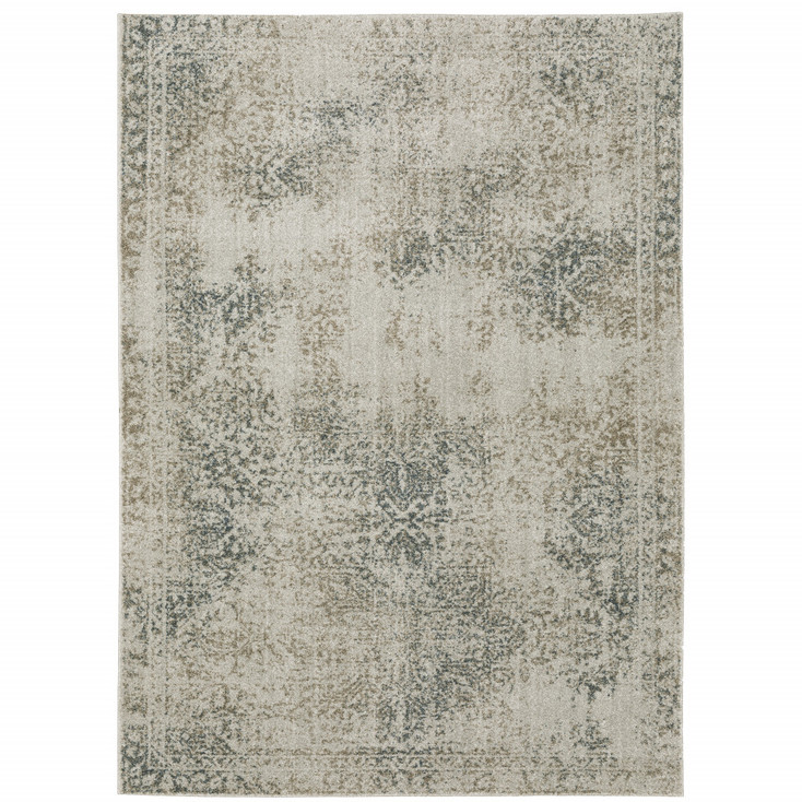 6' x 9' Grey Beige and Teal Oriental Power Loom Stain Resistant Area Rug