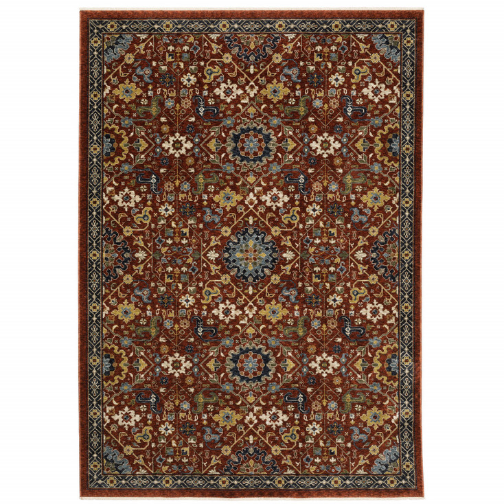 6' x 9' Red Blue Gold and Ivory Oriental Power Loom Stain Resistant Area Rug with Fringe