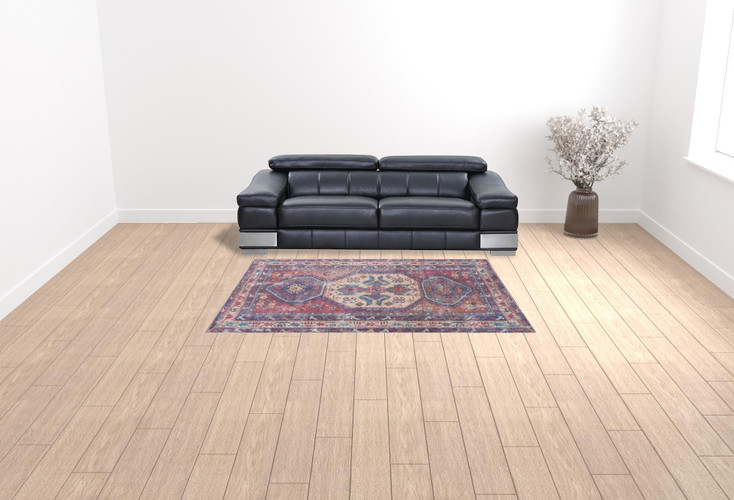 6' x 9' Red and Navy Medallion Distressed Washable Area Rug