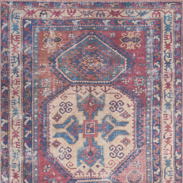 6' x 9' Red and Navy Medallion Distressed Washable Area Rug