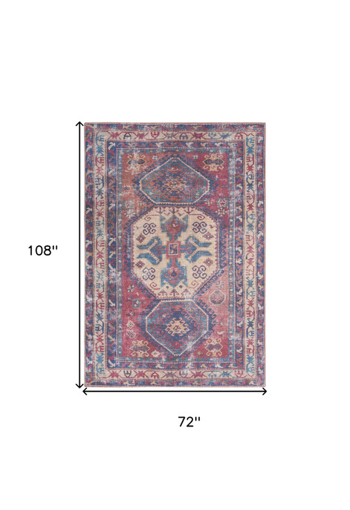 6' x 9' Red and Navy Medallion Distressed Washable Area Rug