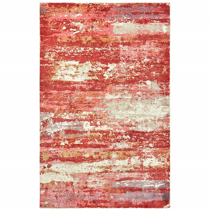 6' x 9' Pink and Red Abstract Hand Loomed Stain Resistant Area Rug