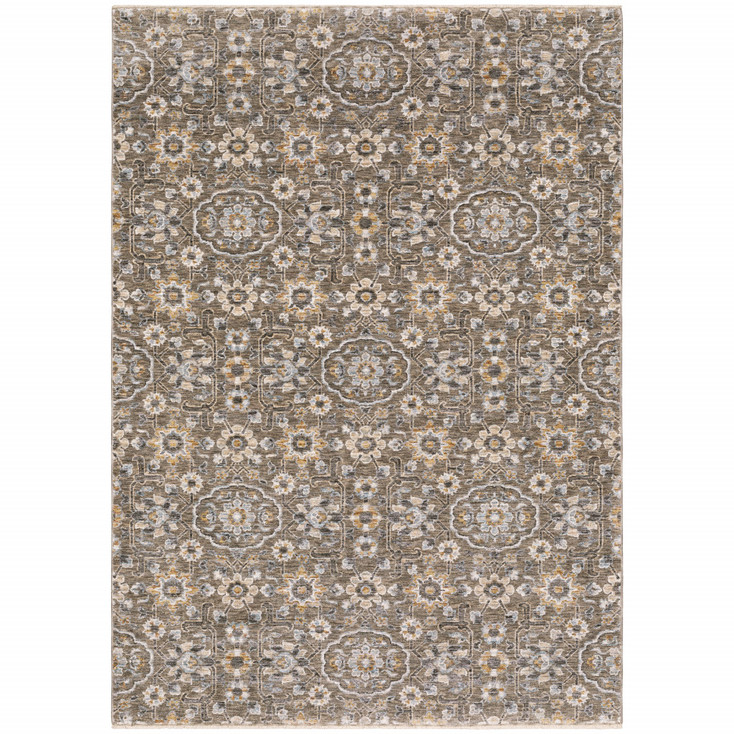 6' x 9' Grey and Tan Floral Power Loom Stain Resistant Area Rug with Fringe