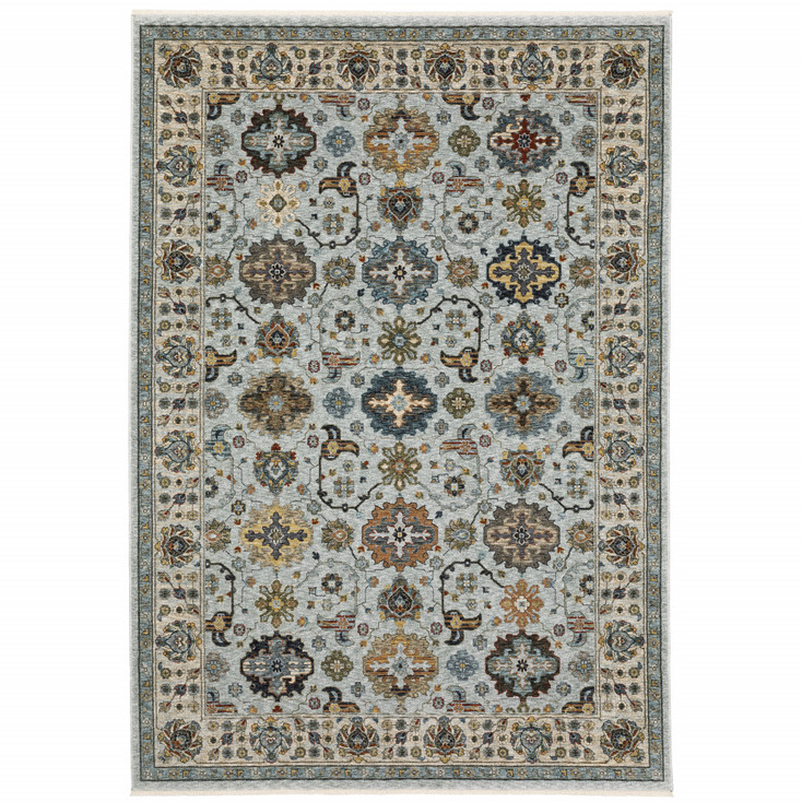 6' x 9' Blue Beige Grey Green Yellow and Rust Oriental Power Loom Area Rug with Fringe