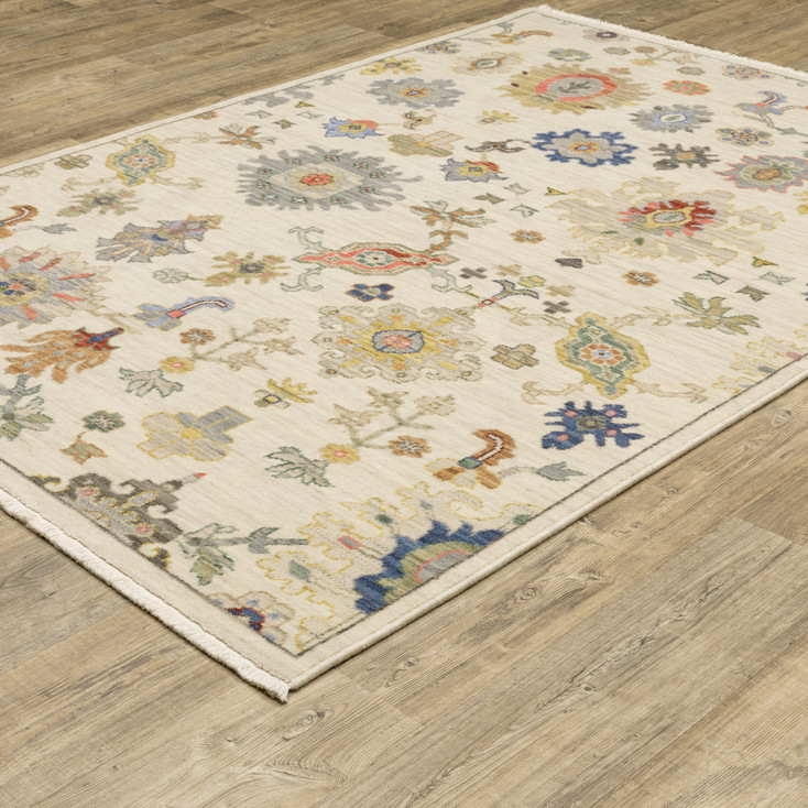 6' x 9' Ivory Beige Gold Grey Blue Pink Red Rust and Green Oriental Power Loom Area Rug