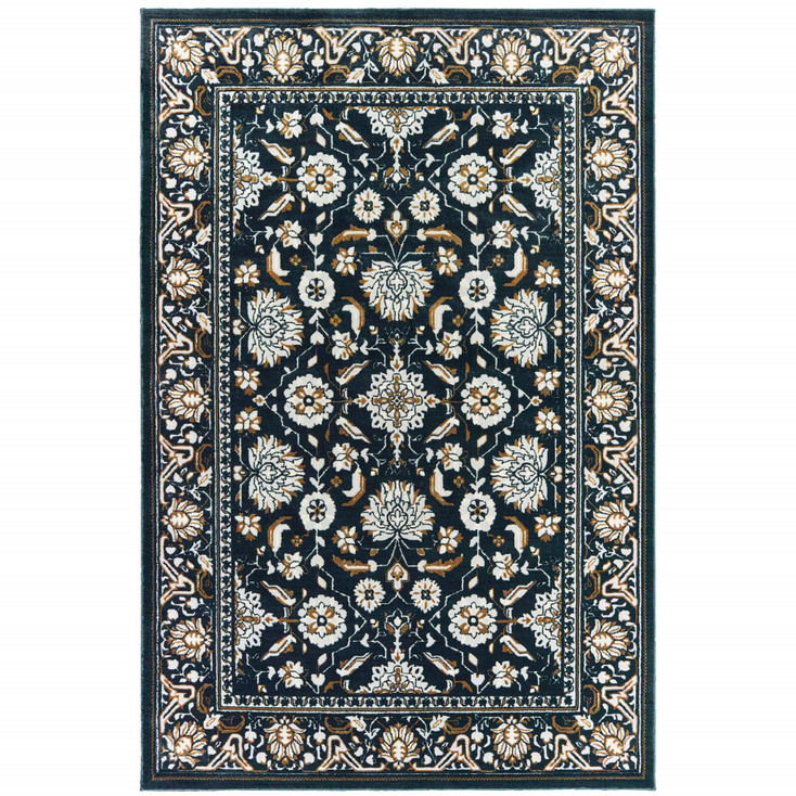 6' x 9' Navy Caramel and Ivory Oriental Power Loom Stain Resistant Area Rug