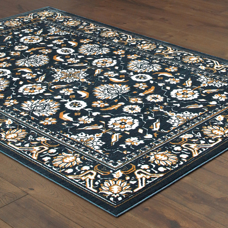 6' x 9' Navy Caramel and Ivory Oriental Power Loom Stain Resistant Area Rug