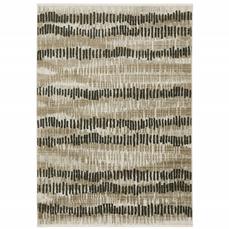 6' x 9' Beige Ivory Charcoal Brown Tan and Grey Abstract Power Loom Area Rug with Fringe