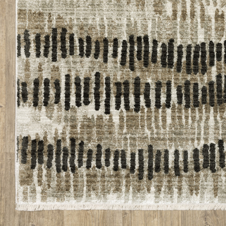 6' x 9' Beige Ivory Charcoal Brown Tan and Grey Abstract Power Loom Area Rug with Fringe