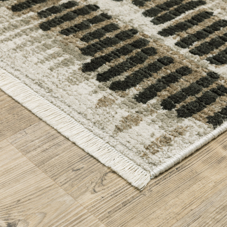 6' x 9' Beige Ivory Charcoal Brown Tan and Grey Abstract Power Loom Area Rug with Fringe