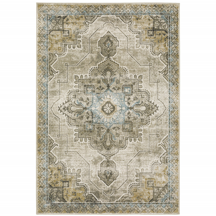 6' x 9' Grey Blue Beige and Gold Oriental Power Loom Stain Resistant Area Rug