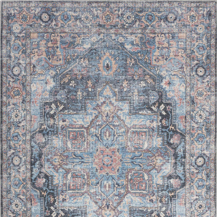 6' x 9' Light Blue and Orange Medallion Distressed Washable Area Rug