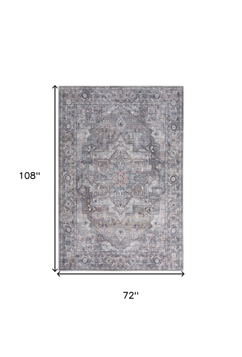 6' x 9' Grey Medallion Distressed Washable Area Rug